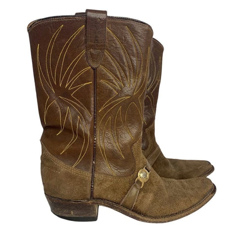 Vintage Texas Suede Leather Western Boots 6.5 Brown Pointed Toe Top Stitching
